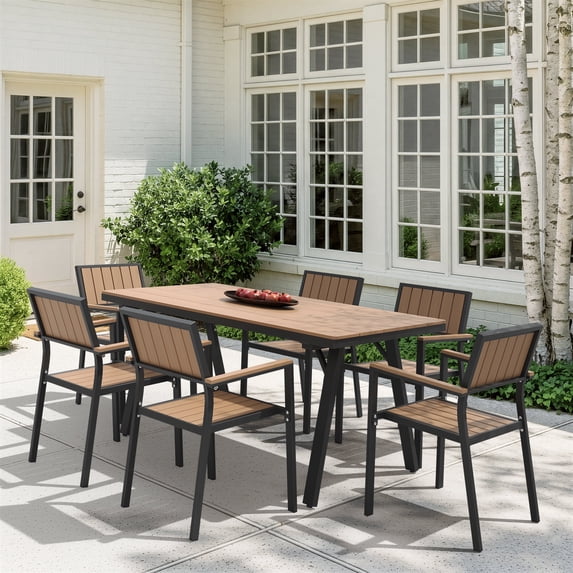 Ciokea 7 Piece Aluminum HDPS Outdoor Dining, Patio Table with Umbrella Hole & Stackable Chairs, All-Weather HDPS Furniture for Backyard, Poolside, Brown