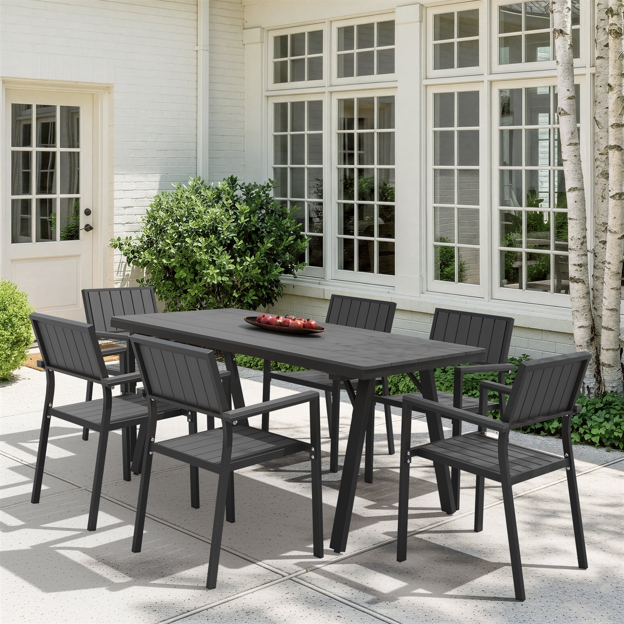 Ciokea 7 Piece Aluminum HDPS Outdoor Dining, Patio Table with Umbrella Hole & Stackable Chairs, All-Weather HDPS Furniture for Backyard, Poolside, Gray