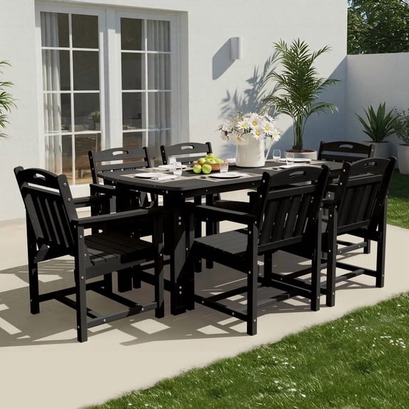 Ciokea 7-Piece Outdoor Dining Set with Table and 6 Chairs HDPE Patio Set Umbrella Hole Garden Backyard Poolside Black