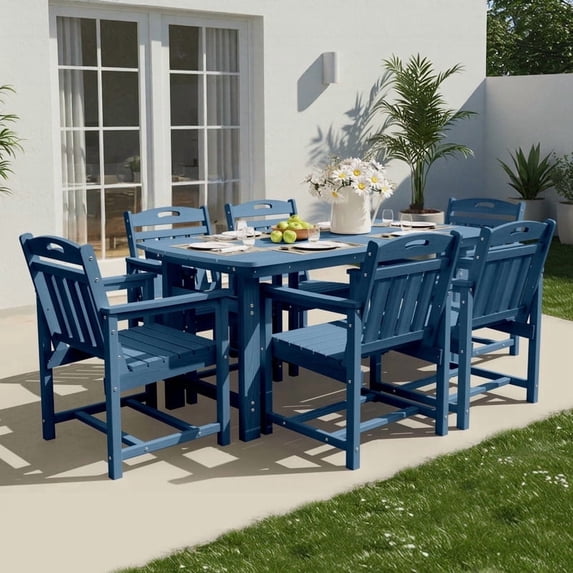 Ciokea 7-Piece Outdoor Dining Set with Table and 6 Chairs HDPE Patio Set Umbrella Hole Garden Backyard Poolside Navy
