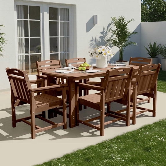 Ciokea 7-Piece Outdoor Dining Set with Table and 6 Chairs HDPE Patio Set Umbrella Hole Garden Backyard Poolside Teak