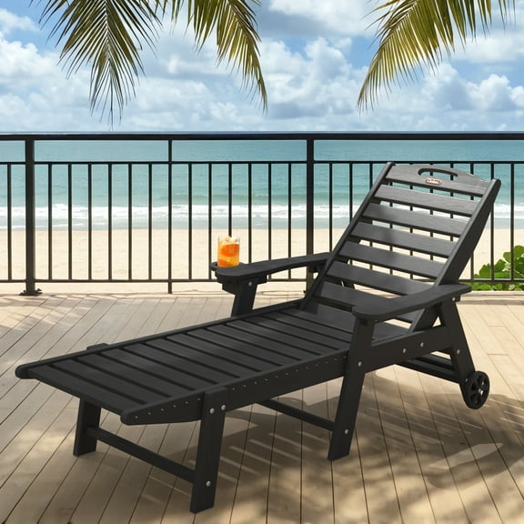 Ciokea Black Lounge Chair Outdoor with Wheels HDPE Chaise Lounge Chair Wood Texture 5 Positions Cup Holder for Patio Pool