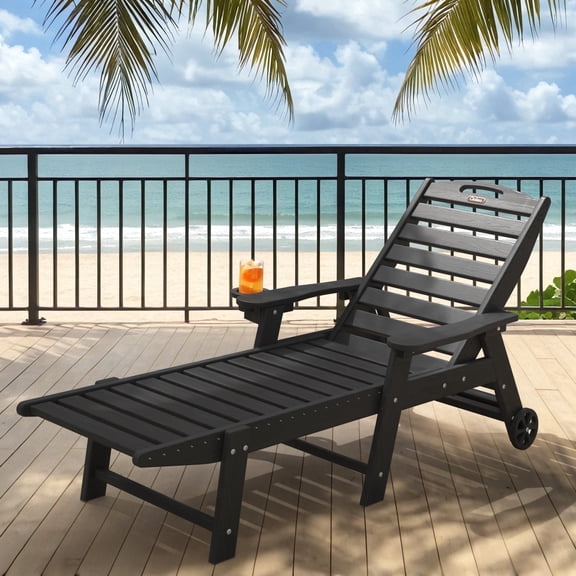Ciokea Black Lounge Chair Outdoor with Wheels HDPE Chaise Lounge Chair Wood Texture 5 Positions Cup Holder for Patio Pool