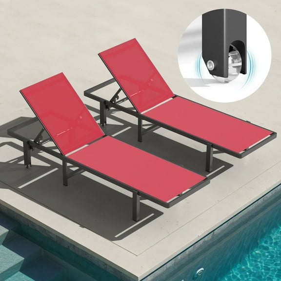 Ciokea Chaise Lounge Chairs Outdoor Set of 2 with Wheels Poolside Sun Lounger 5-Position Adjustable Recliner Red