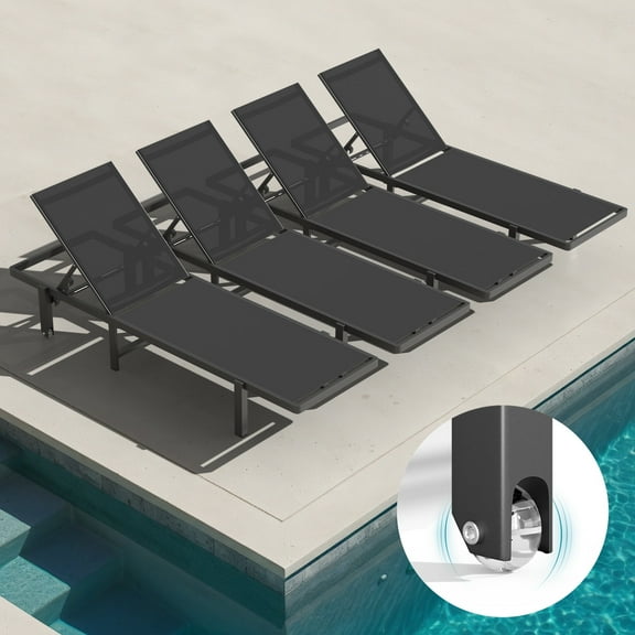 Ciokea Chaise Lounge Chairs Outdoor Set of 4 with Wheels Poolside Sun Lounger 5-Position Adjustable Recliner Black