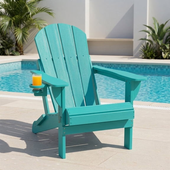 Folding Adirondack Chair, All-Weather HDPE Fire Pit Patio Chair, Lake Blue