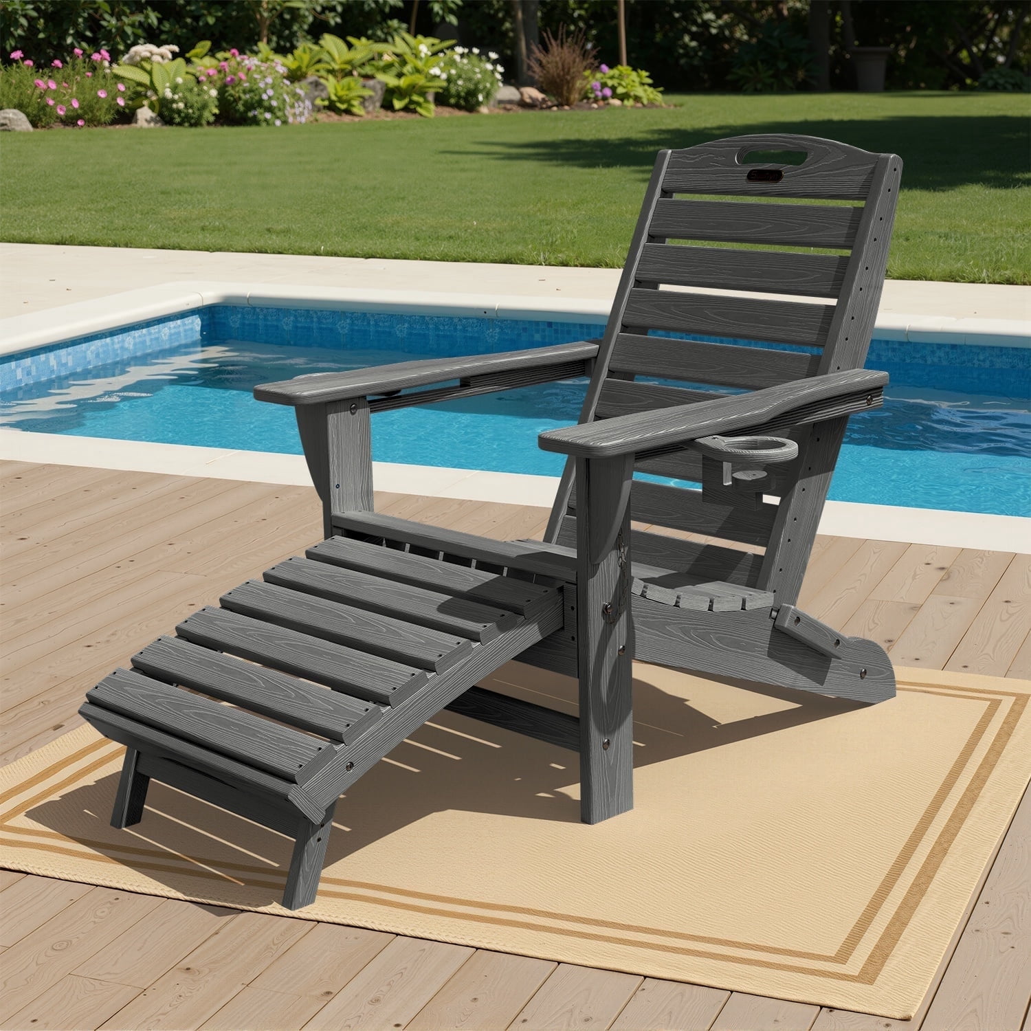 Ciokea Folding Adirondack Chair with Ottoman HDPE Pool Chair Pull Out Footrest with 2 Cup Holders Patio Garden Grey