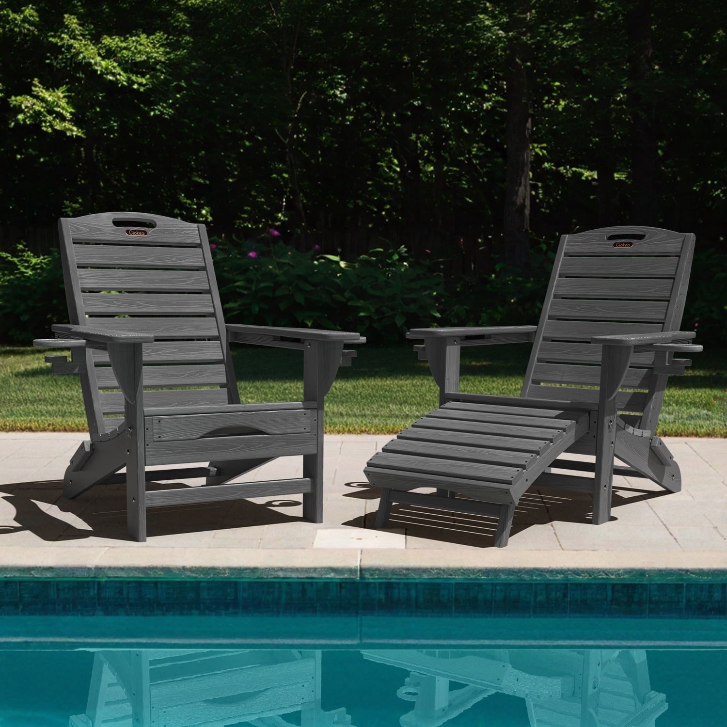Ciokea Folding Adirondack Chair with Ottoman Set of 2 HDPE Outdoor Chair Pull Out Footrest 2 Cup Holders Patio Garden Black