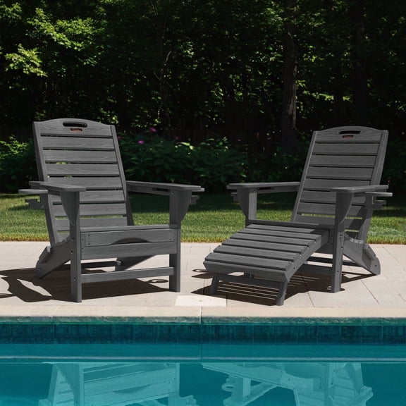 Ciokea Folding Adirondack Chair with Ottoman Set of 2 HDPE Outdoor Chair Pull Out Footrest 2 Cup Holders Patio Garden Black