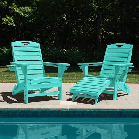 Ciokea Folding Adirondack Chair with Ottoman Set of 2 HDPE Outdoor Chair Pull Out Footrest 2 Cup Holders Patio Garden Lake Blue