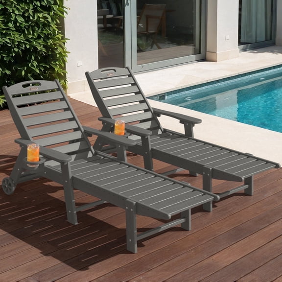 Ciokea HDPE Chaise Lounge Chairs Outdoor Set of 2 Wood Texture with Wheels 5 Positions Cup Holder for Patio Pool Gray