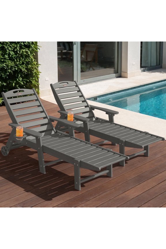 HDPE Chaise Lounge Chairs Outdoor Set of 2 Wood Texture with Wheels 5 Positions Cup Holder for Patio Pool Gray