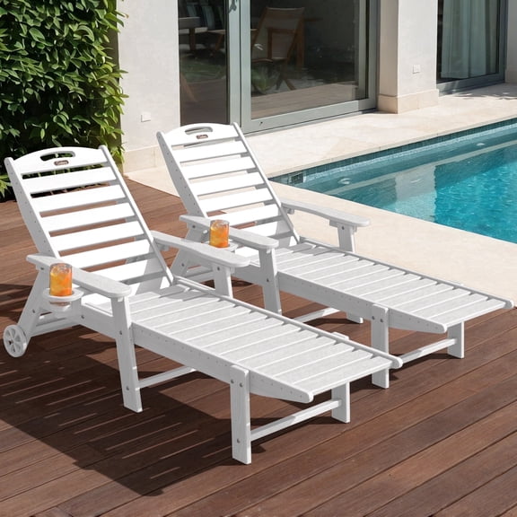 Ciokea HDPE Chaise Lounge Chairs Outdoor Set of 2 Wood Texture with Wheels 5 Positions Cup Holder for Patio Pool White
