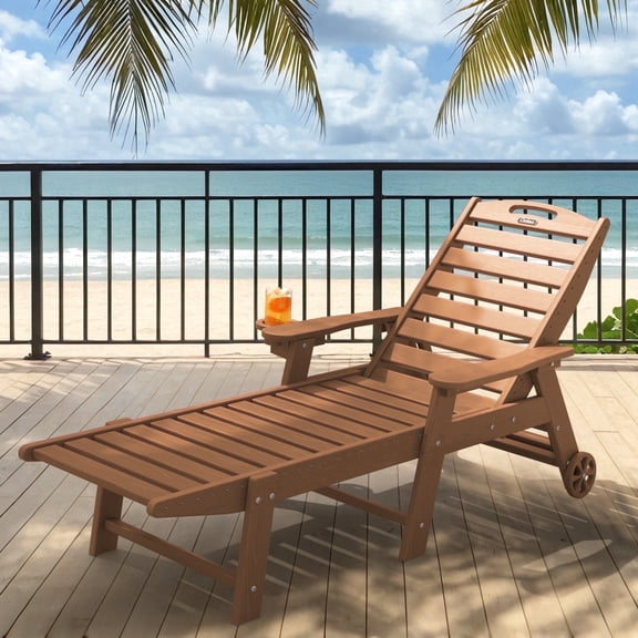 Ciokea Lounge Chair Outdoor with Wheels HDPE Chaise Lounge Chair Wood Texture 5 Positions Cup Holder for Patio Pool Brown