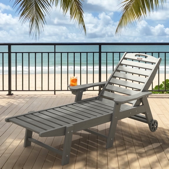 Ciokea Lounge Chair Outdoor with Wheels HDPE Chaise Lounge Chair Wood Texture 5 Positions Cup Holder for Patio Pool Grey