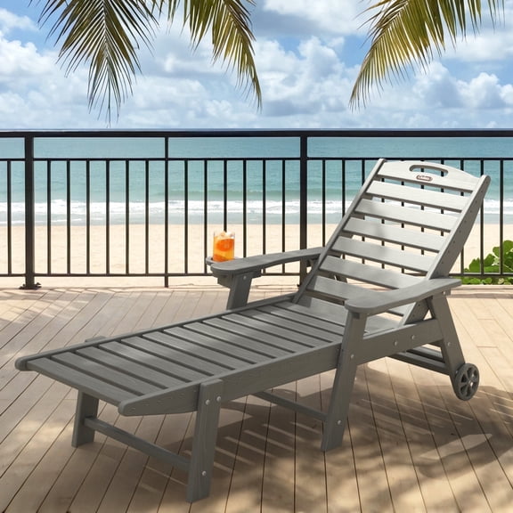 Ciokea Lounge Chair Outdoor with Wheels HDPE Chaise Lounge Chair Wood Texture 5 Positions Cup Holder for Patio Pool Grey