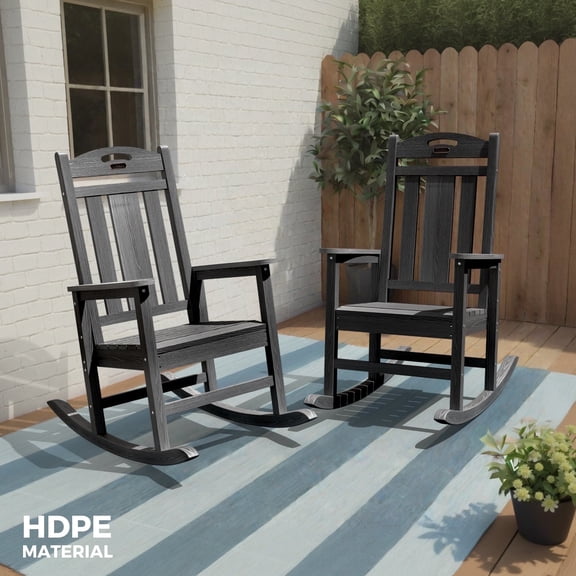 Ciokea Outdoor Black Rocking Chairs Set of 2 All-Weather HDPE Oversize Porch Rocker Chairs for Patio Garden Backyard