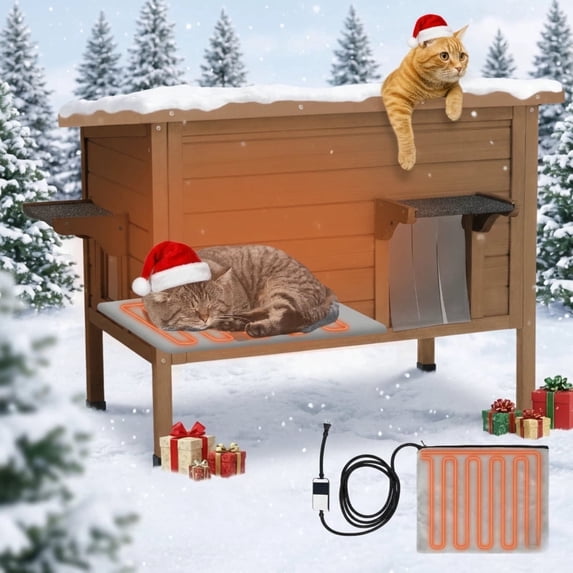 MUCHENGHY Outdoor Heated Cat House, Weatherproof Insulated Feral Shelter for Winter, 2 Doors & Openable Roof, Brown