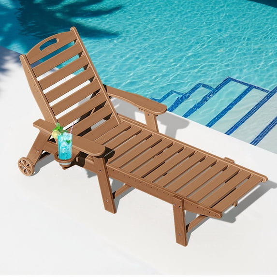 Wood Look HDPE Outdoor Chaise Lounge Chair, Rolling Pool Lounger, Aqua