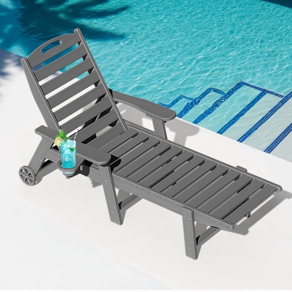 Wood Look HDPE Outdoor Chaise Lounge Chair, Rolling Pool Lounger, Gray