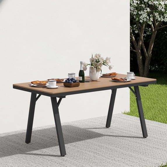 Ciokea Outdoor Patio Dining L-Shape Table, 66.9x31.9 IN HDPS Aluminum Frame Table for Backyard Poolside Lawn, Brown