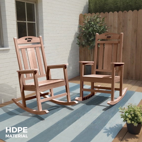Ciokea Outdoor Rocking Chairs Set of 2 All-Weather HDPE Oversize Porch Rocker Chairs for Garden Backyard, Teak
