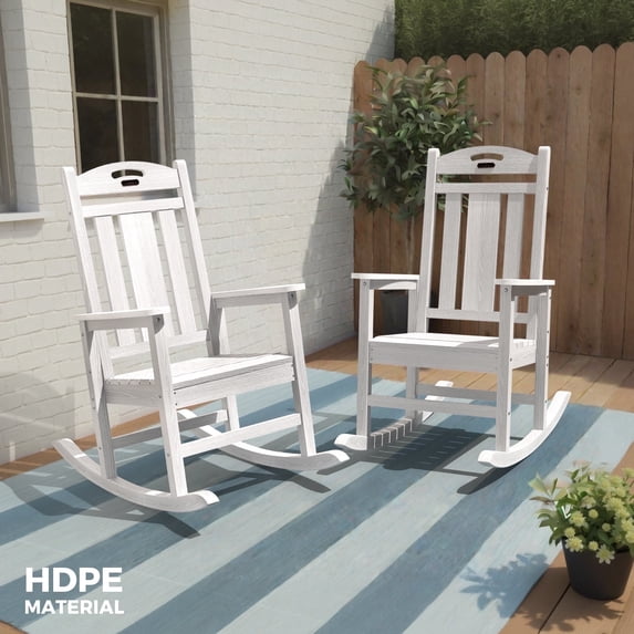 Ciokea Outdoor White Rocking Chairs Set of 2 All-Weather HDPE Oversize Porch Rocker Chairs for Garden Backyard