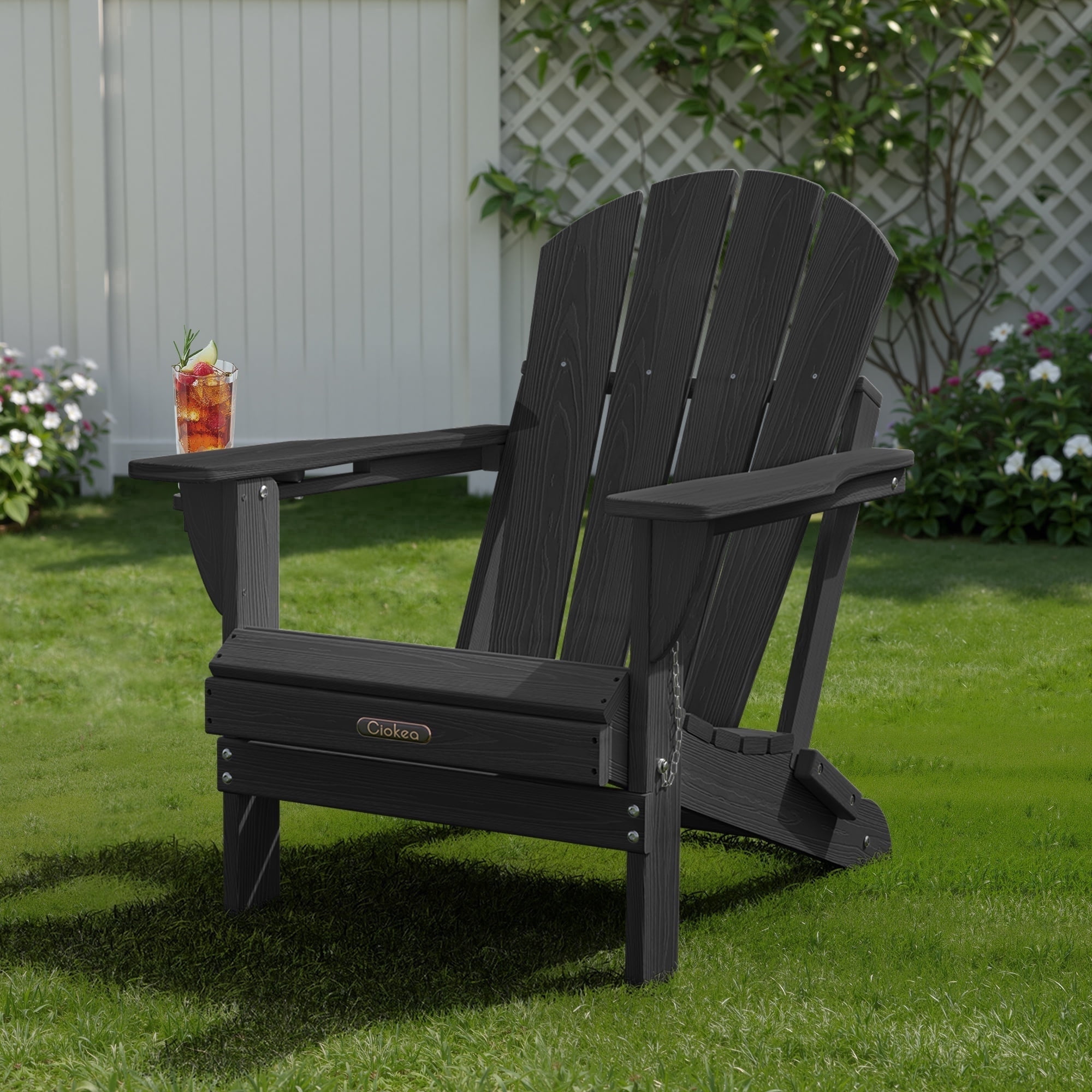 Ciokea Wood Adirondack Chair Folding Outdoor Patio Chairs Fire Pit with Cup Holder Pool Porch Garden Black