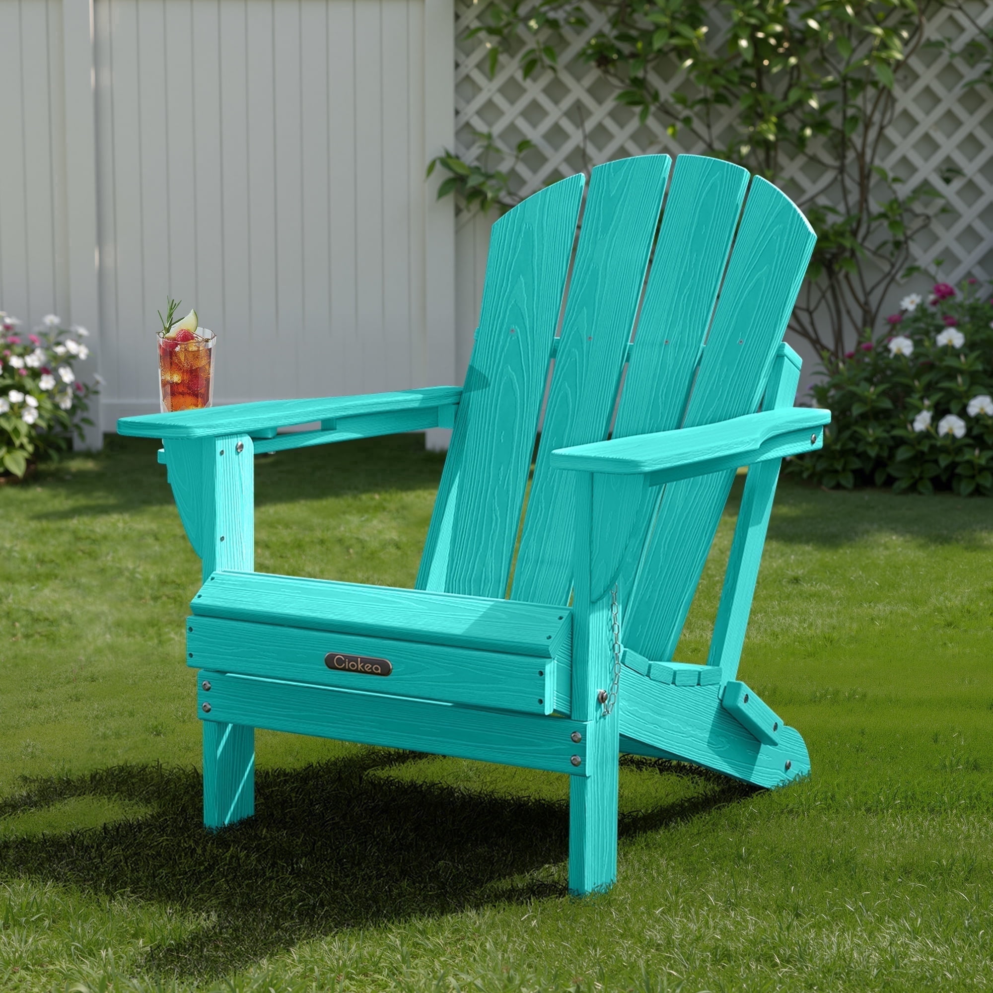 Ciokea Wood Adirondack Chair Folding Outdoor Patio Chairs Fire Pit with Cup Holder Pool Porch Garden Blue
