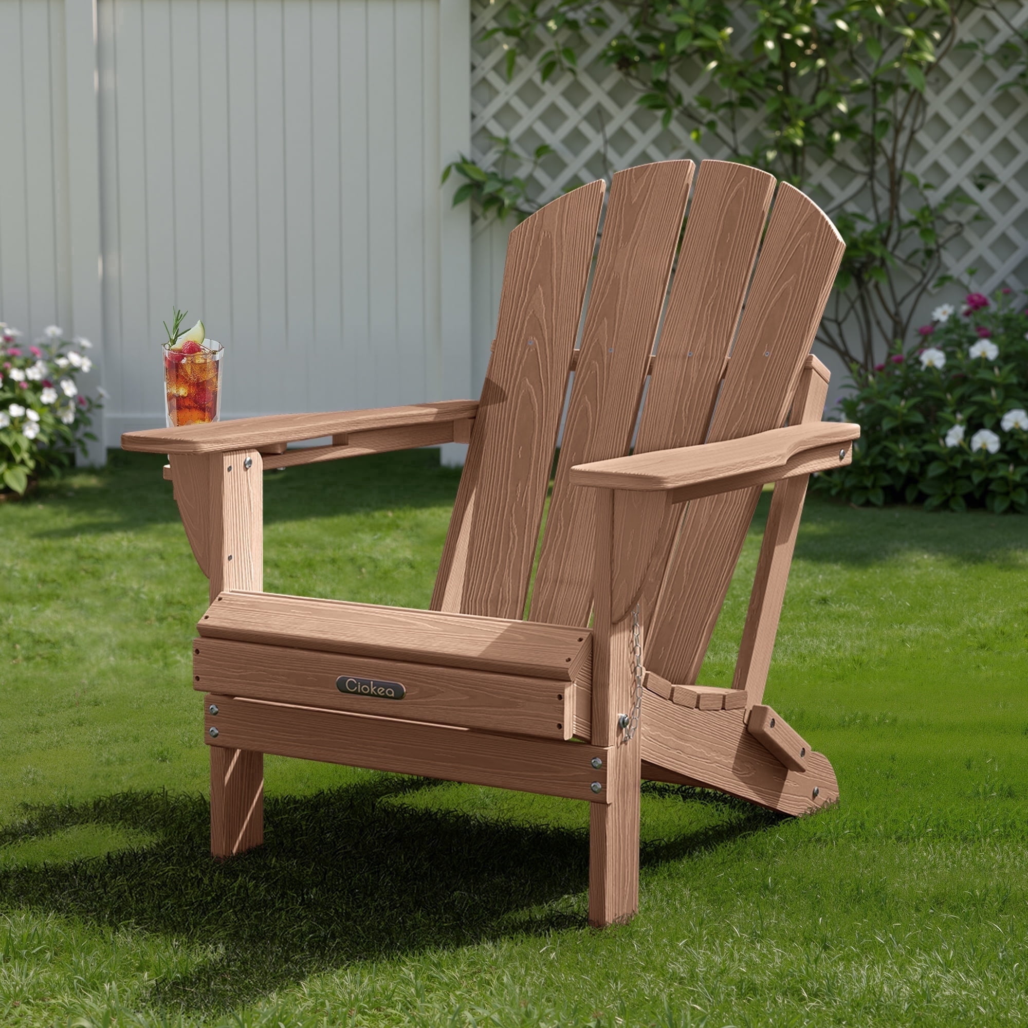 Ciokea Wood Adirondack Chair Folding Outdoor Patio Chairs Fire Pit with Cup Holder Pool Porch Garden Brown
