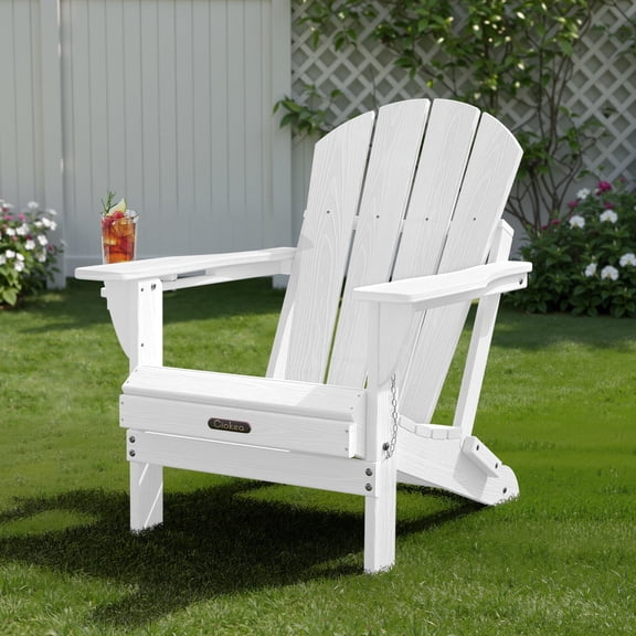 Ciokea Wood Adirondack Chair Folding Outdoor Patio Chairs Fire Pit with Cup Holder Pool Porch Garden White