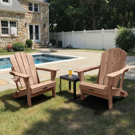 Ciokea Wood Adirondack Chairs Set of 2 Outdoor Folding Patio Chairs Fire Pit with Cup Holder Porch Garden Brown