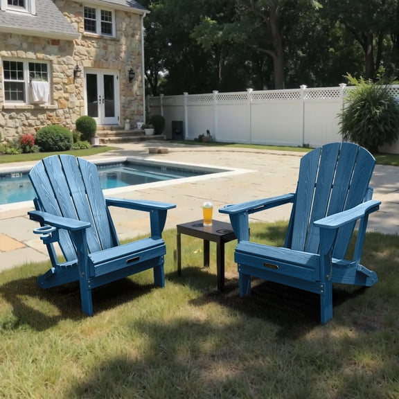 Ciokea Wood Adirondack Chairs Set of 2 Outdoor Folding Patio Chairs Fire Pit with Cup Holder Porch Garden Navy