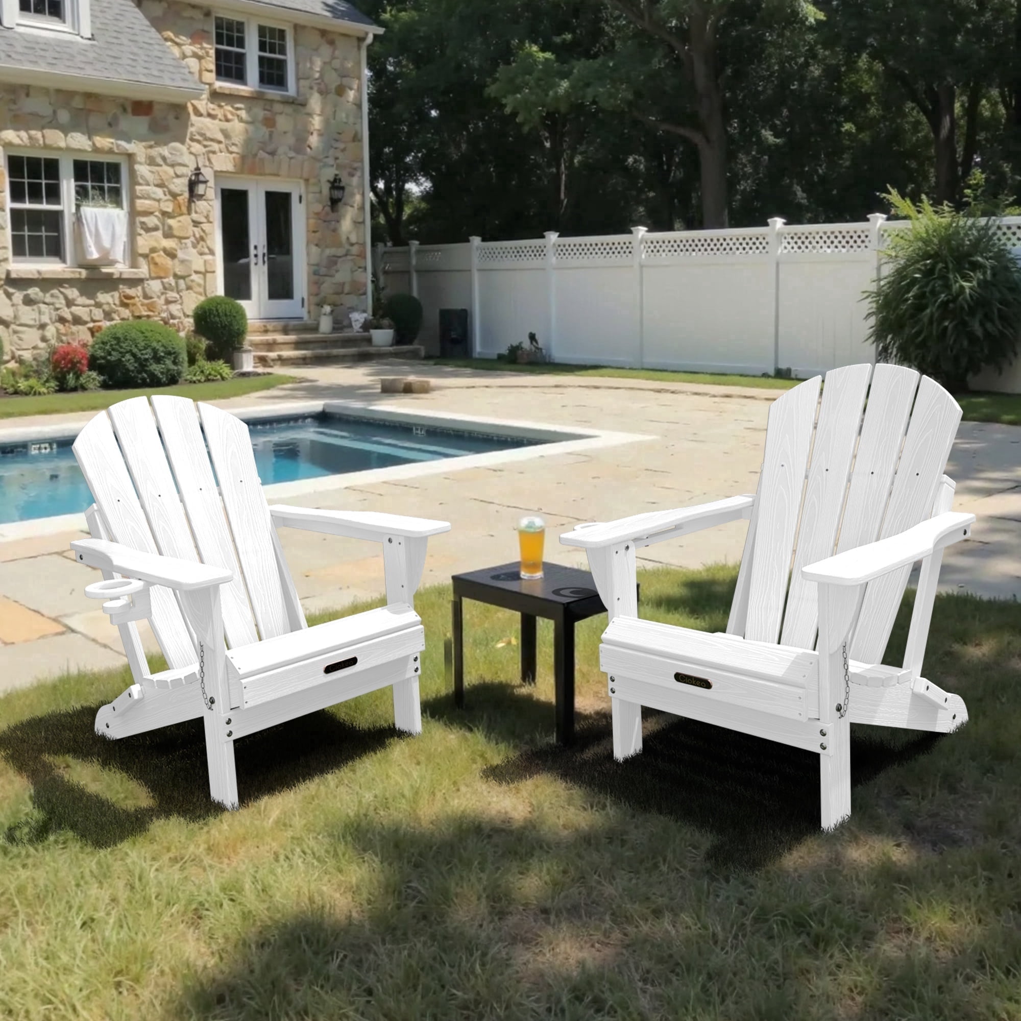 Ciokea Wood Adirondack Chairs Set of 2 Outdoor Folding Patio Chairs Fire Pit with Cup Holder Porch Garden White