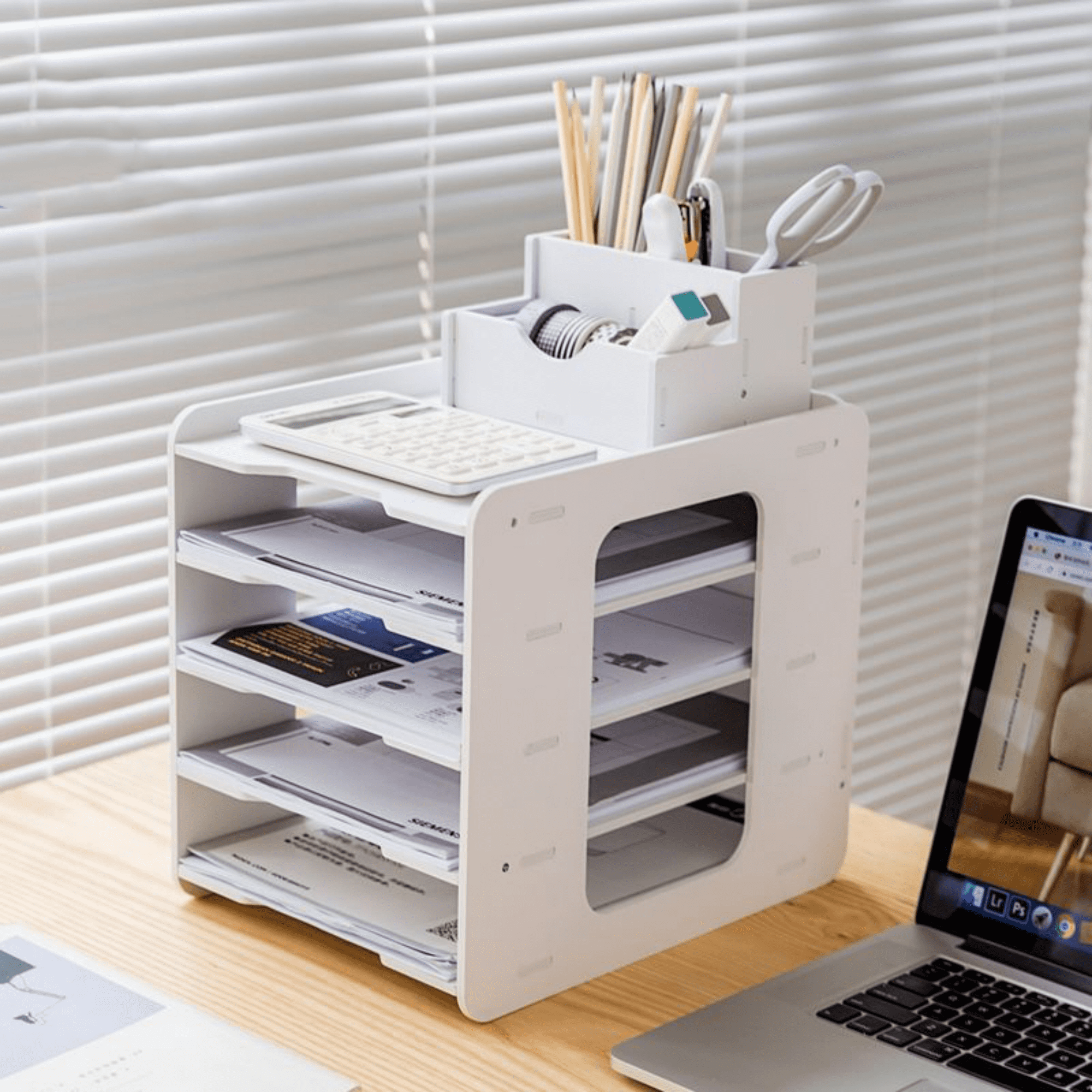 Cipaher 5-Tier Office Desktop Organizer White Paper File Rack Wooden ...