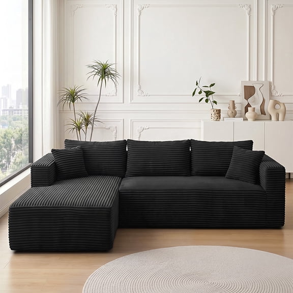 Ciphrias 105 Inch L Shaped Sectional Sofa 4 Seat Black Corduroy Couch With Chaise