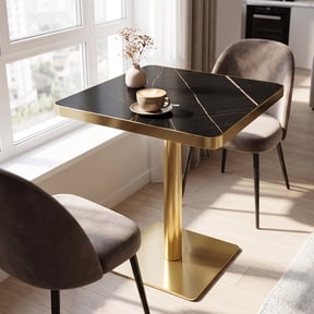 Ciphrias 24 in Square Bistro Table Black Faux Marble Gold Pedestal Base for Kitchen