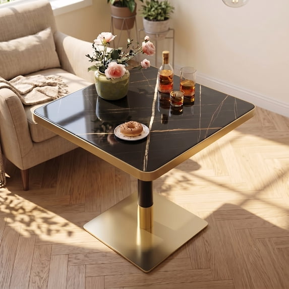 Ciphrias 24 in Square Bistro Table Black Faux Marble MDF Gold Pedestal Base for Kitchen