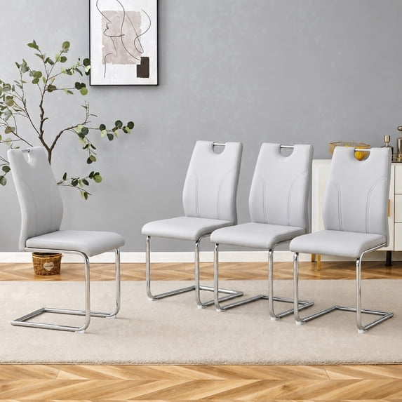 Ciphrias Dining Room Chairs Set of 4 Grey PU High Back Silver Metal Legs 37.4 Inch