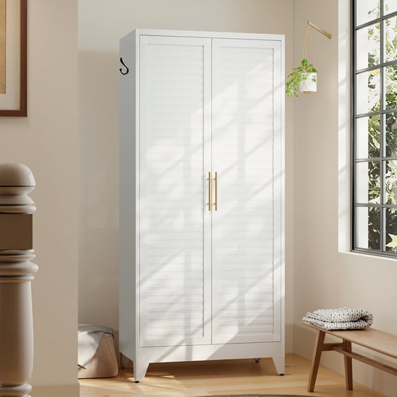 Ciphrias 71 Inch White Metal Wardrobe with 2 Doors and Adjustable Shelves