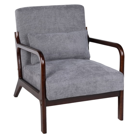 Ciphrias Accent Armchair, Cotton Linen Chair with Rubberwood Frame and Lumbar Pillow, Antique Dark Grey for Living Room Bedroom Office