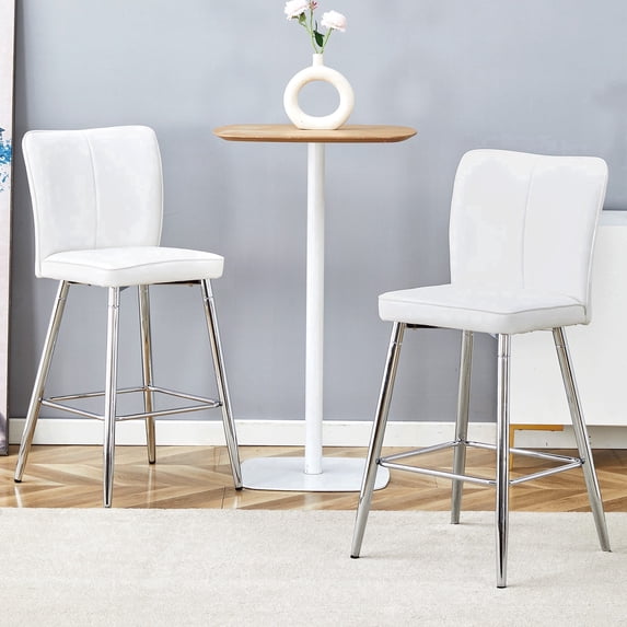 Ciphrias Bar Stools Set of 2, White PU Leather Upholstered Counter Height Chairs with Backrest Footrest Silver Metal Legs for Kitchen Island Bar