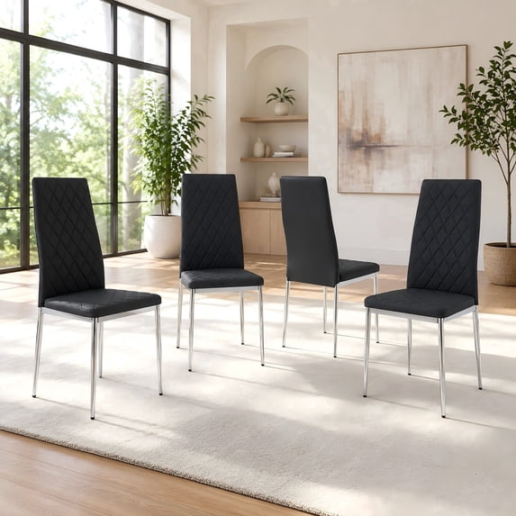 Ciphrias Black PU Leather Dining Chairs Set of 4 Diamond Tufted Chrome Silver Legs for Kitchen