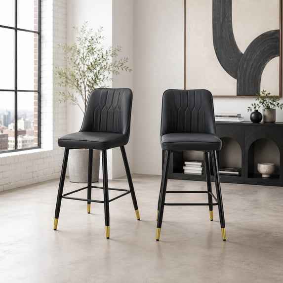 Ciphrias Counter Height Bar Stools Set of 2 Black PU Leather Gold Spray Metal Legs 39 Inch