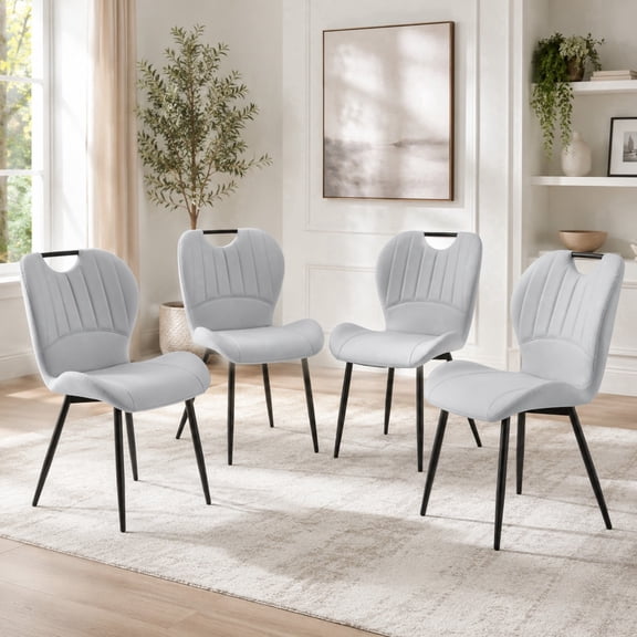 Ciphrias Kitchen Chairs Set of 4 Light Gray PU Dining Chairs with Handle Black Metal Legs