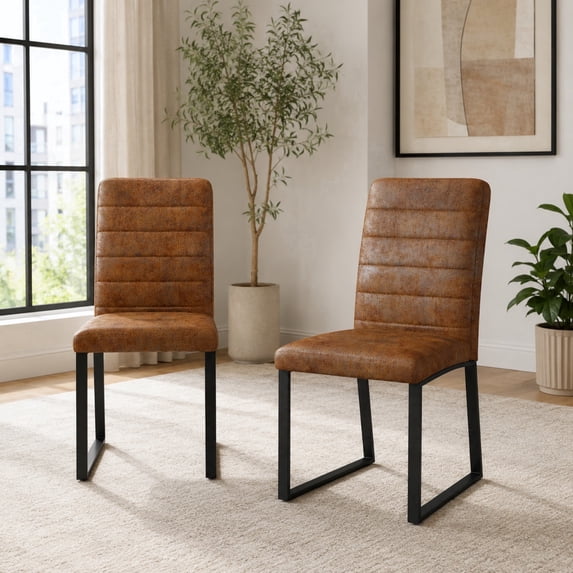Ciphrias Dining Chairs Set of 2 Brown PU Leather Padded Black Metal Legs for Home Office