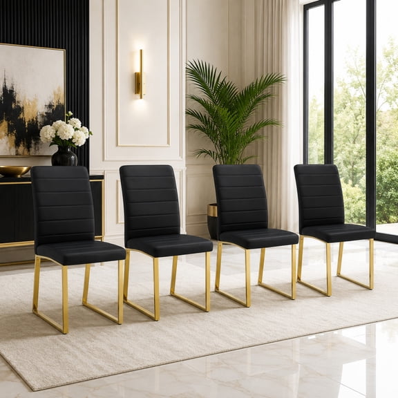 Ciphrias Dining Chairs Set of 4 Black PU Leather Padded Gold Metal Leg for Home Office