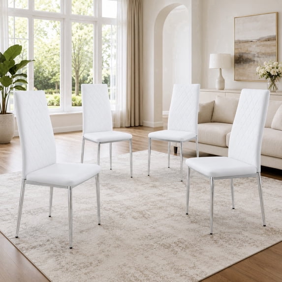 Ciphrias Dining Chairs Set of 4 Modern White PU Leather Diamond Quilted Silver Chrome Metal Legs for Kitchen Room