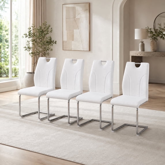 Ciphrias Dining Chairs Set of 4 White PU Leather Upholstered Chrome Metal Legs for Kitchen