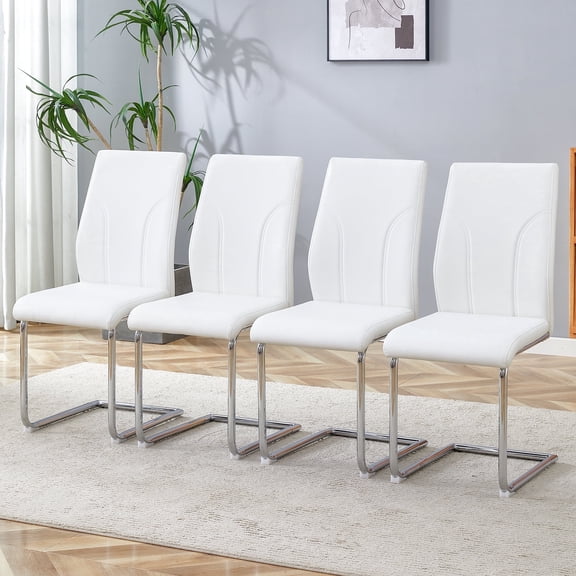 Ciphrias White Leather Dining Chairs Set of 4 High Back Silver Metal Legs for Dining Room